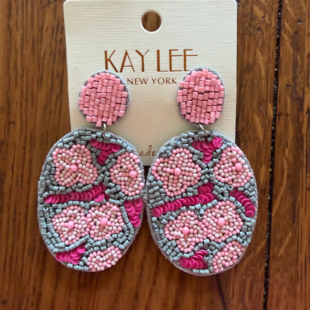 Pink And Gray Beaded Earrings Handmade With 12$